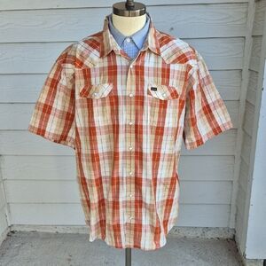 HOWLER BROS Beige Rustic Orange Plaid Snap Buttonms Mens XXL Short Sleeve Shirt